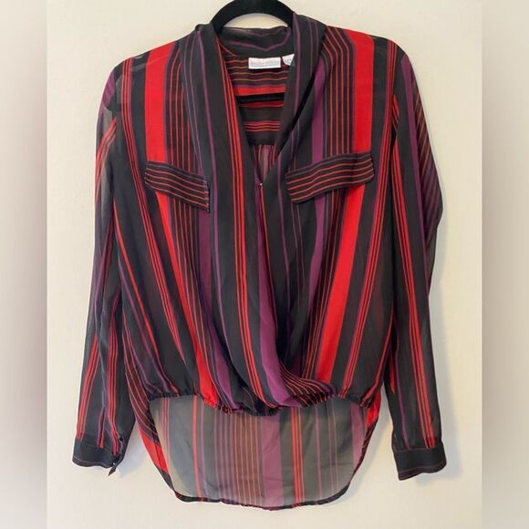 Bisou Bisou Tops - Bisou Bisou, Sheer, Red & Purple, Long Sleeve Blouse, So Cute, Size XS